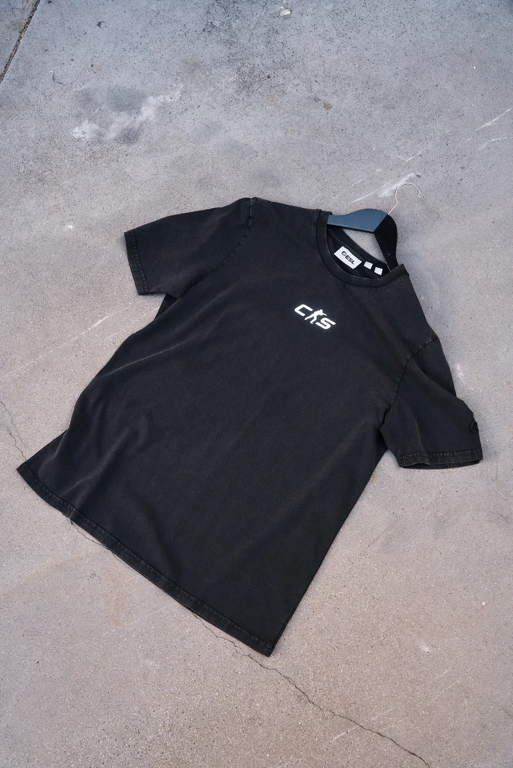 ESL CS Origins tricou negru spalat bumbac greu 220g