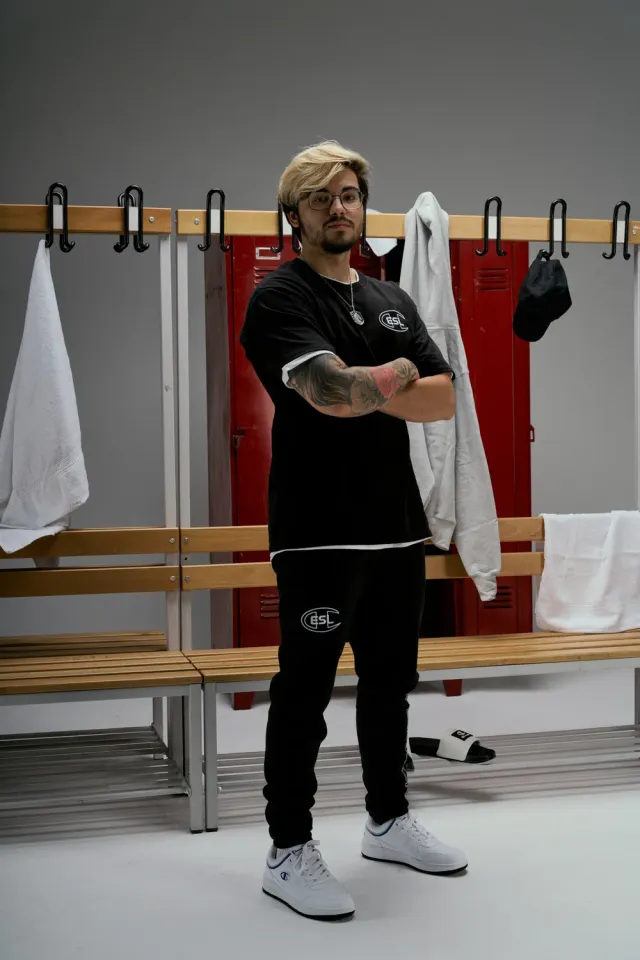 ESL x Champion pantaloni trening negri Patch 50% bumbac