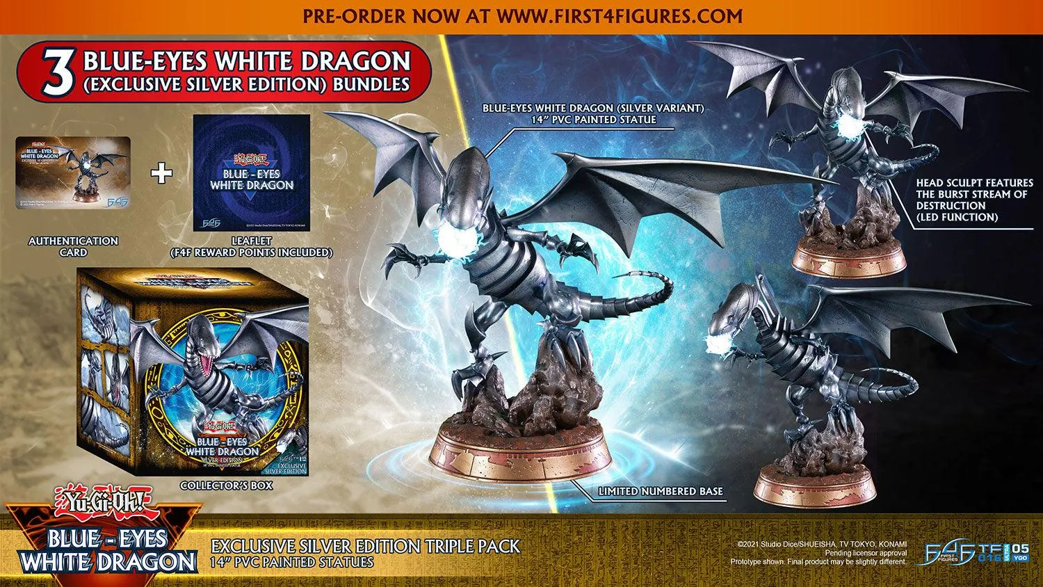 First 4 Figures Yu-Gi-Oh Blue-Eyes White Dragon statueta Triple Pack Silver LED